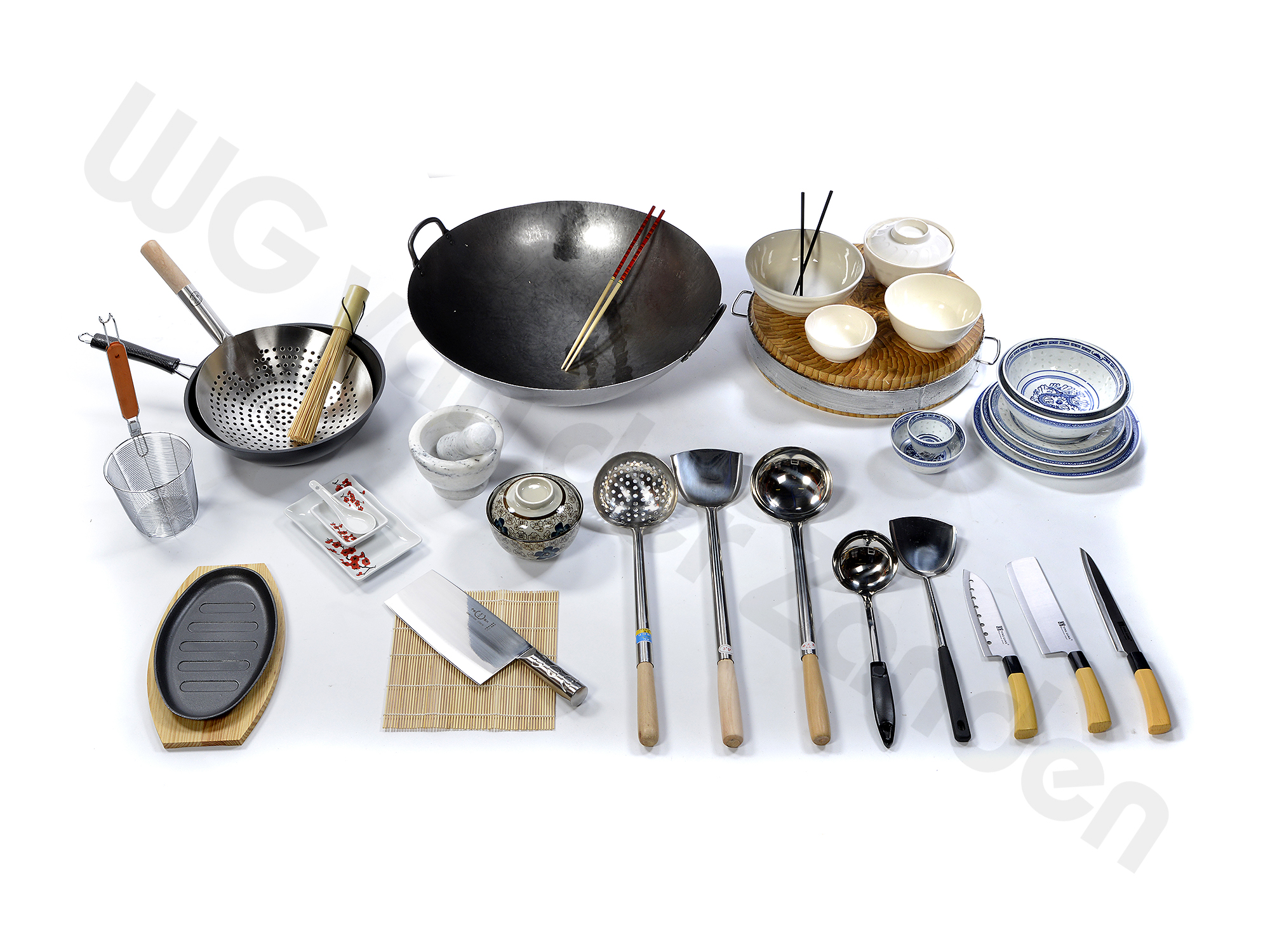 Asian cooking utensils and crockery